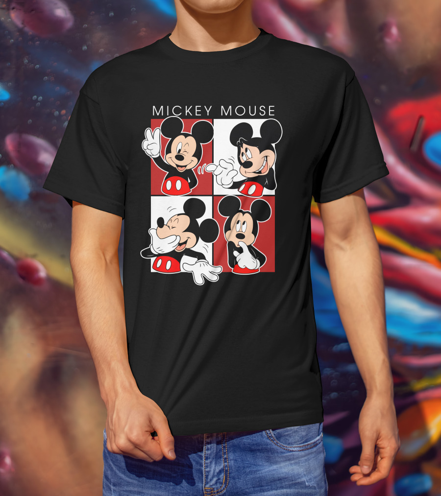 Mickey Mouse Expressive Poses Red And White Comic Panel T-Shirt