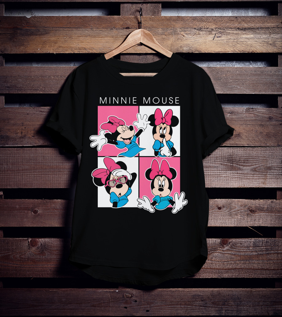 Minnie Mouse Expressive Poses In Blue Dress And Pink Bows T-Shirt