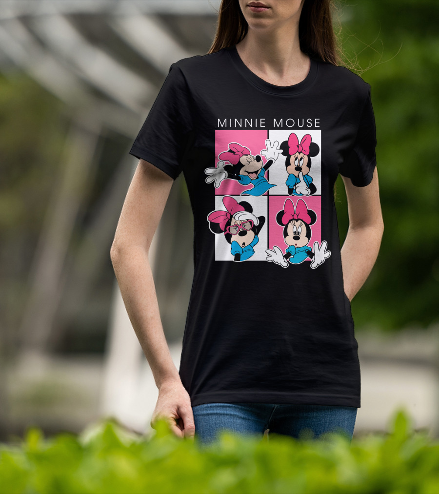 Minnie Mouse Expressive Poses In Blue Dress And Pink Bows T-Shirt