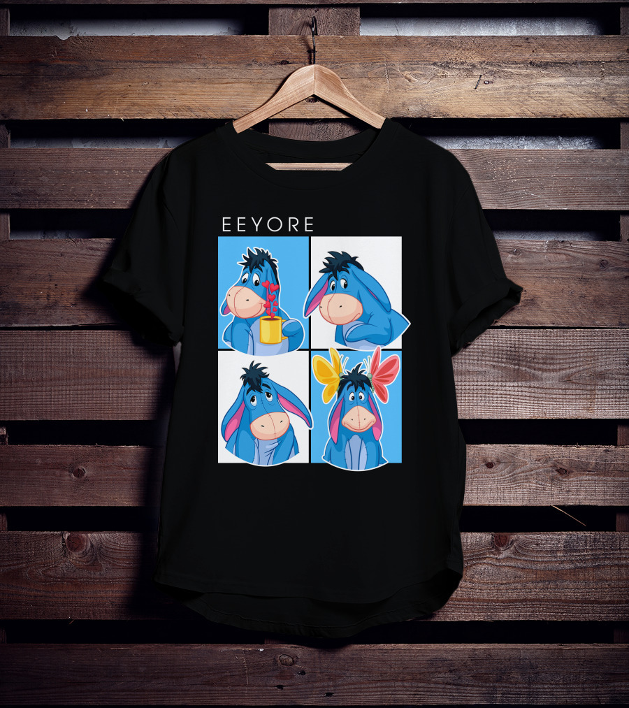 Eeyore Cartoon Expressions With Flowers And Mug T-Shirt