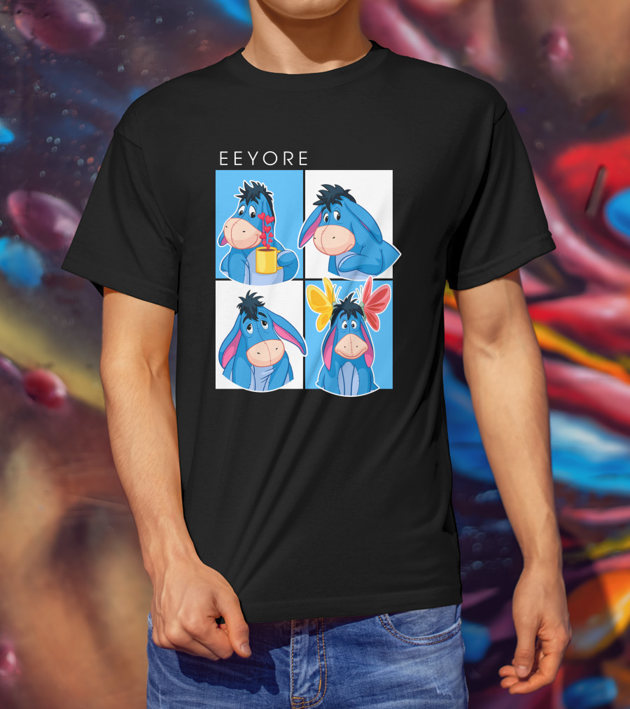 Eeyore Cartoon Expressions With Flowers And Mug T-Shirt