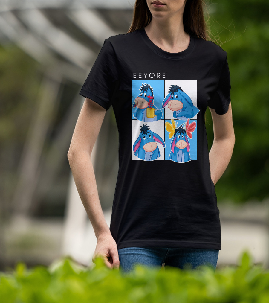 Eeyore Cartoon Expressions With Flowers And Mug T-Shirt