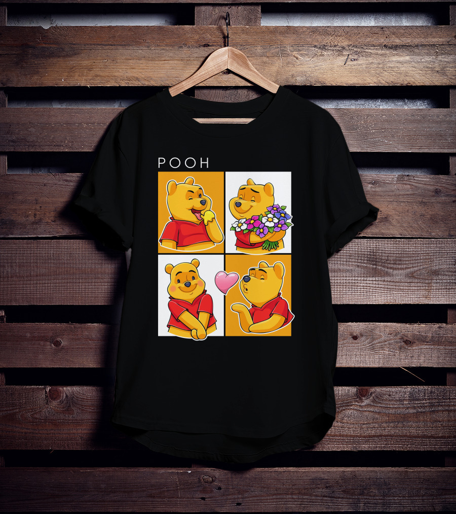 Pooh Cute Expressions And Flowers With Heart T-Shirt