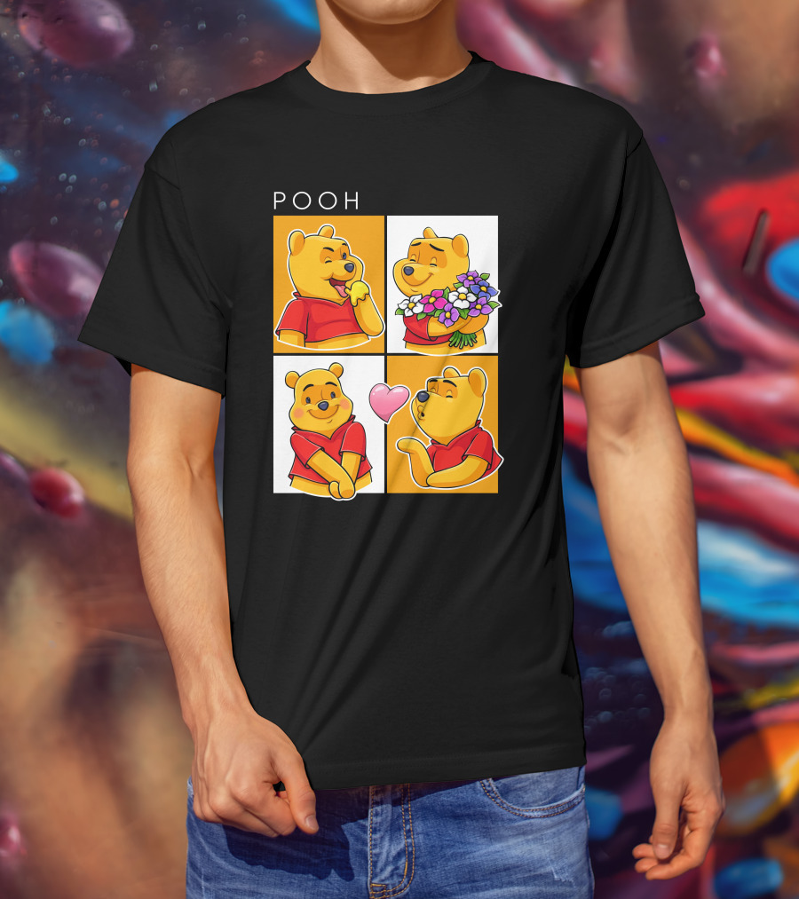 Pooh Cute Expressions And Flowers With Heart T-Shirt