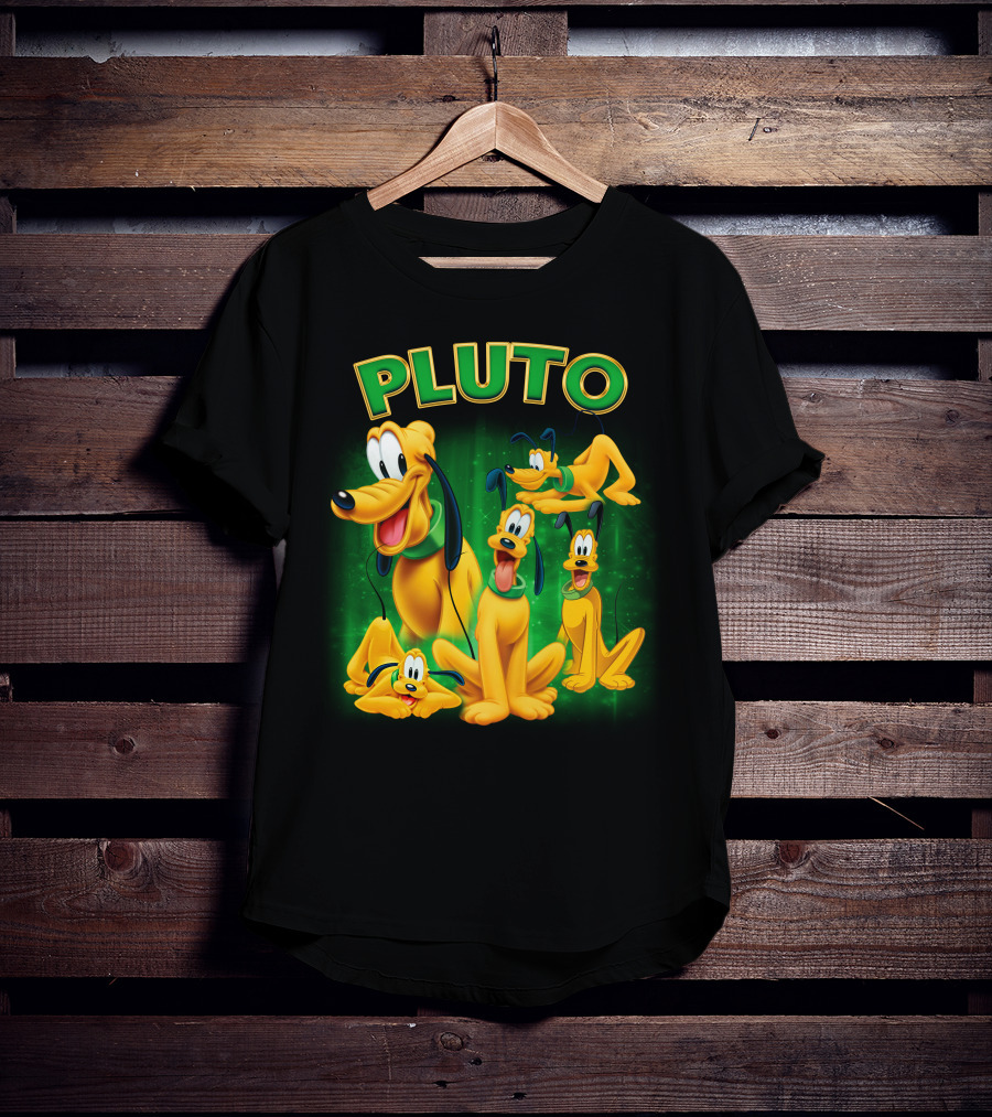 Pluto Classic Disney Character With Multiple Expressions On Green T-Shirt