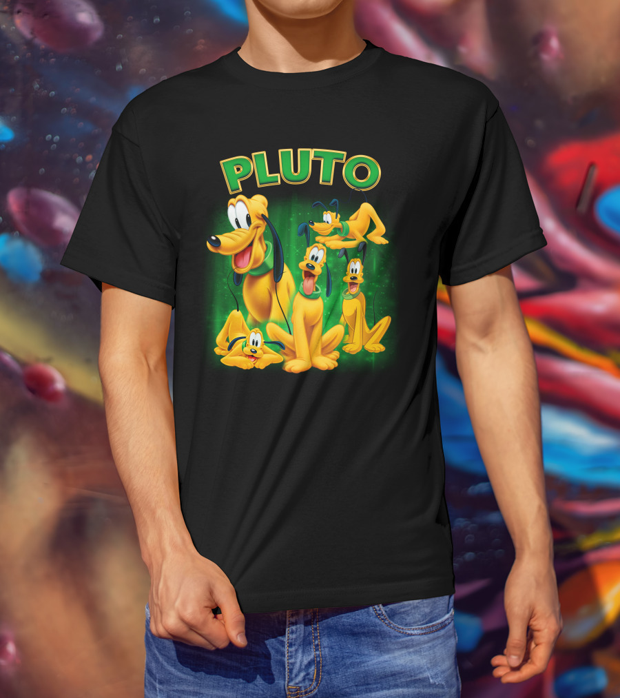 Pluto Classic Disney Character With Multiple Expressions On Green T-Shirt