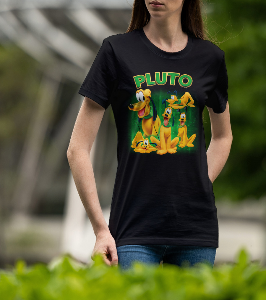 Pluto Classic Disney Character With Multiple Expressions On Green T-Shirt