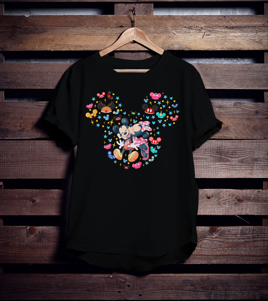 Mickey And Minnie Mouse Festive Holiday Celebration With Stars And Candy Cane Accents T-Shirt