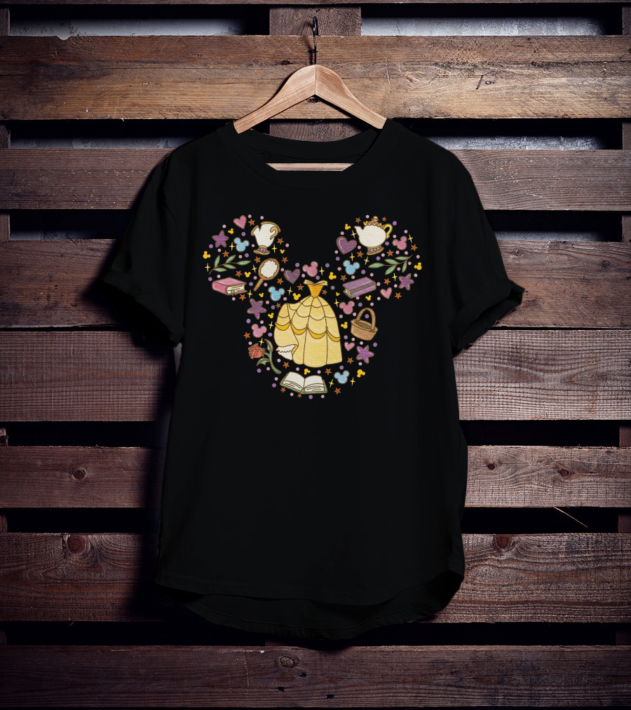 Belle Enchanted Castle Objects With Dress Roses Books And Teapot In Mouse Ears Shape T-Shirt