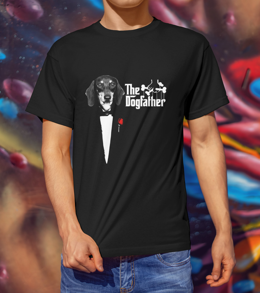 The Dogfather Dashund Tuxedo Rose Puppeteer T-Shirt