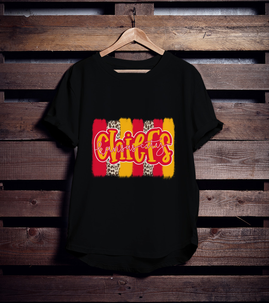 Kansas City Chiefs Handlettered Red Gold Leopard Stripes T-Shirt
