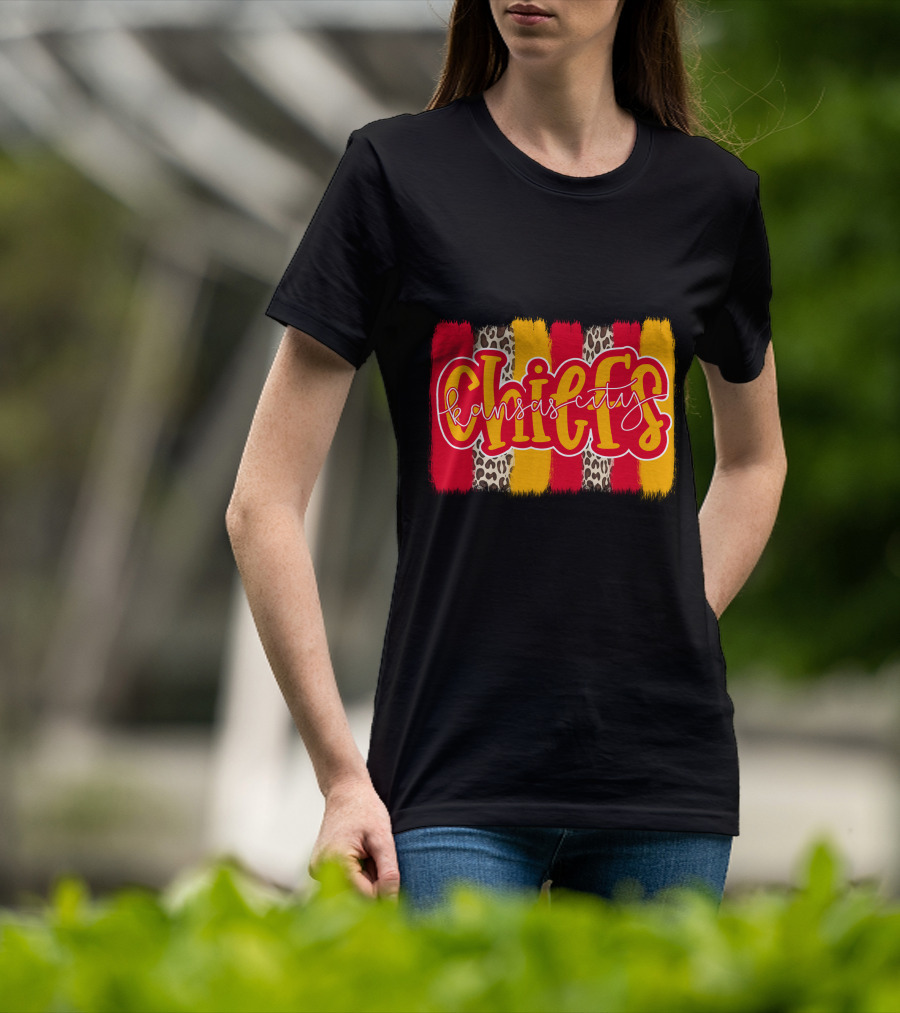 Kansas City Chiefs Handlettered Red Gold Leopard Stripes T-Shirt