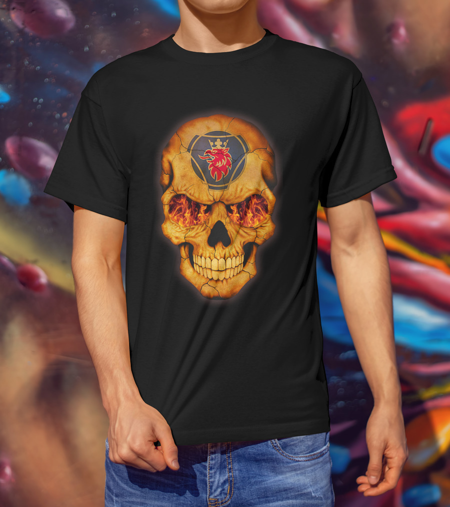 SCANIA Skull With Fiery Eyes And Lion Emblem T-Shirt