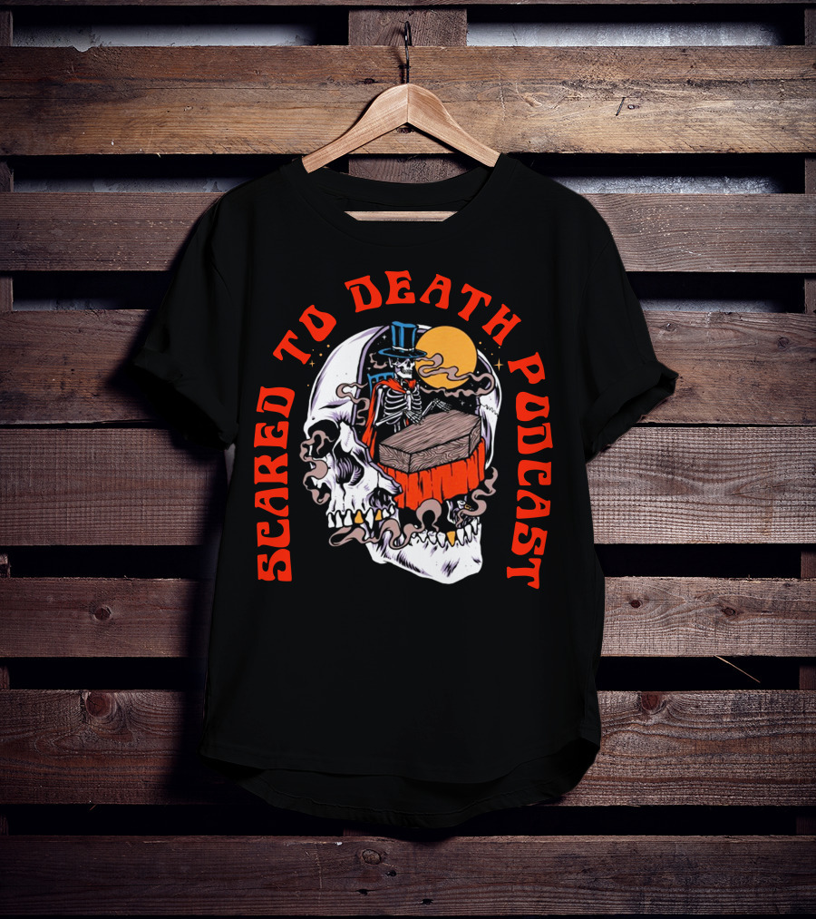Scared To Death Podcast Skeleton Coffin Moon Skull T-Shirt