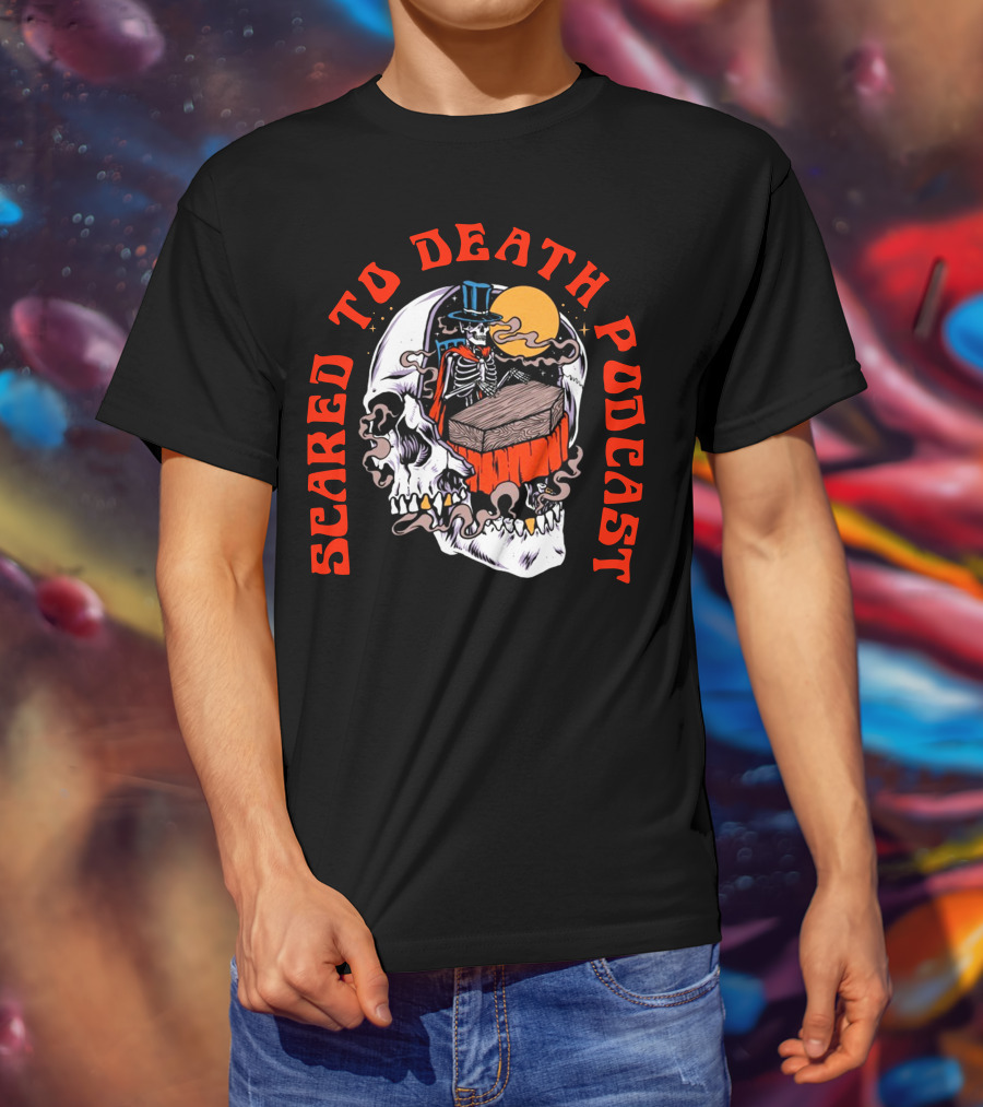 Scared To Death Podcast Skeleton Coffin Moon Skull T-Shirt