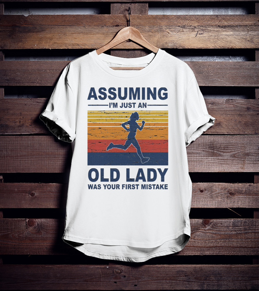 Assuming I'm Just An Old Lady Running Silhouette Retro Stripes T-Shirt