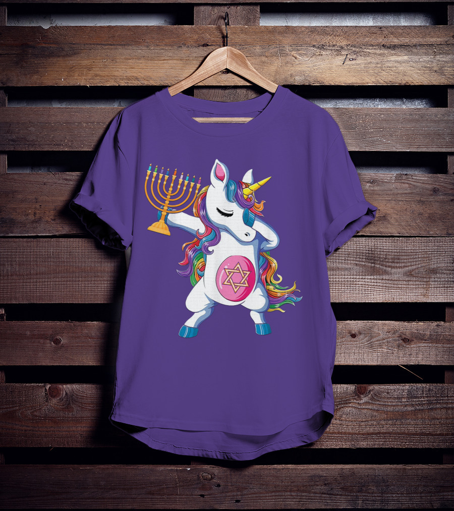 Jewnicorn Hanukkah Unicorn Dabbing With Menorah And Star Of David T-Shirt