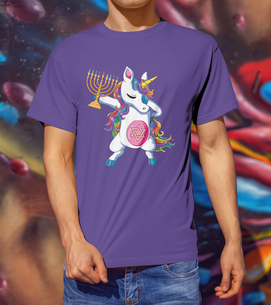 Jewnicorn Hanukkah Unicorn Dabbing With Menorah And Star Of David T-Shirt