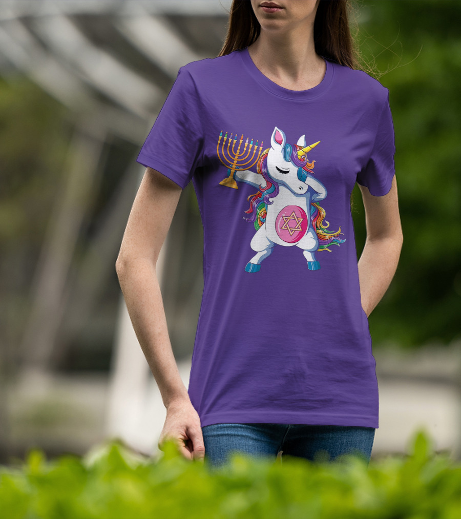 Jewnicorn Hanukkah Unicorn Dabbing With Menorah And Star Of David T-Shirt