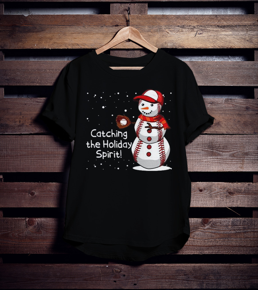 Catching The Holiday Spirit Baseball Snowman With Red Cap And Mitt T-Shirt