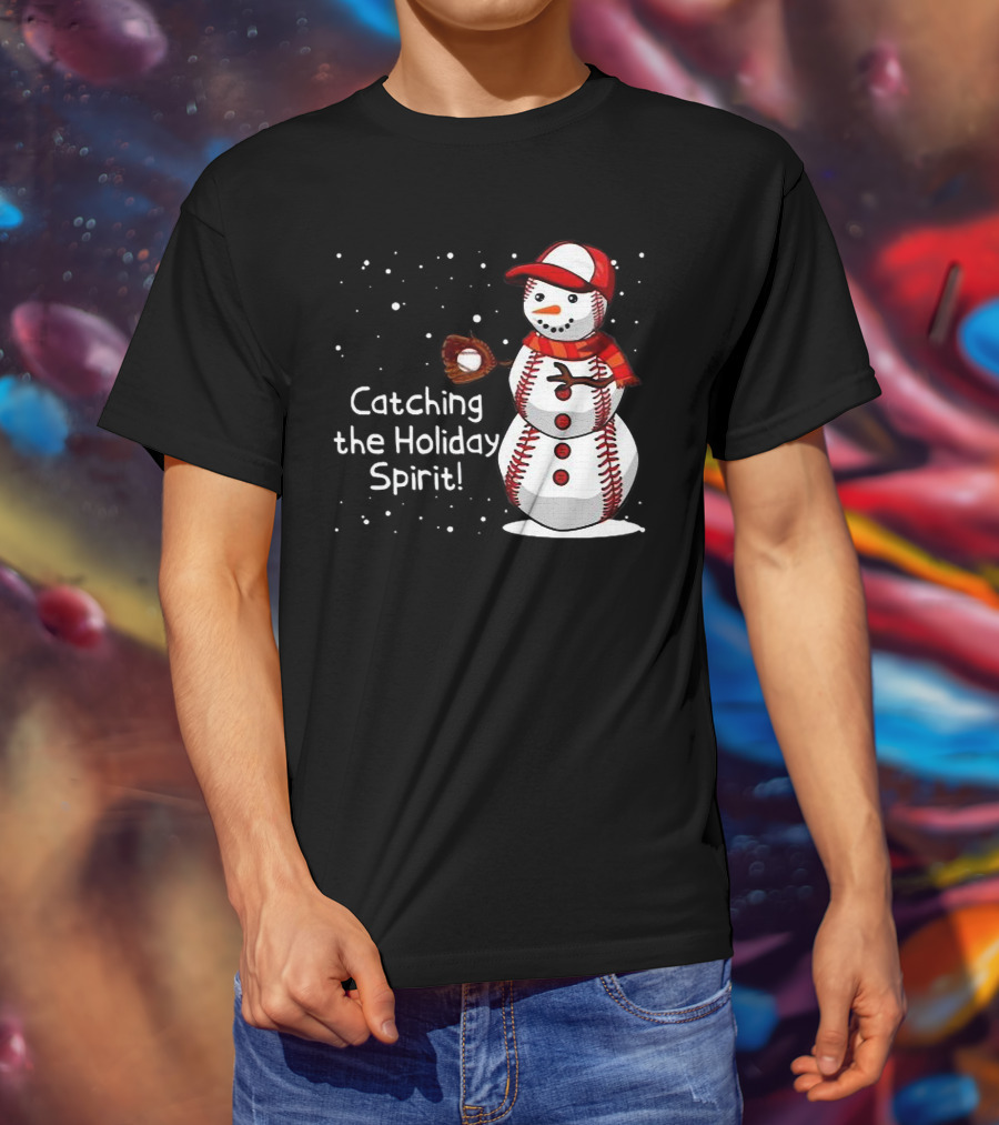 Catching The Holiday Spirit Baseball Snowman With Red Cap And Mitt T-Shirt