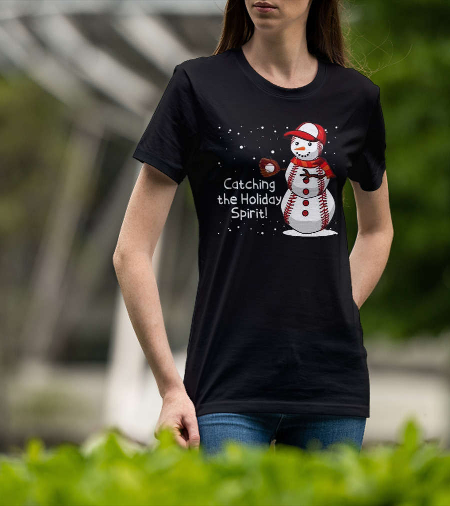Catching The Holiday Spirit Baseball Snowman With Red Cap And Mitt T-Shirt