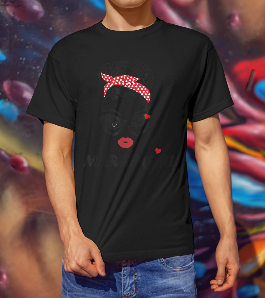 March Girl Wink Eye Woman Face With Red Polka Dot Headband T-Shirt