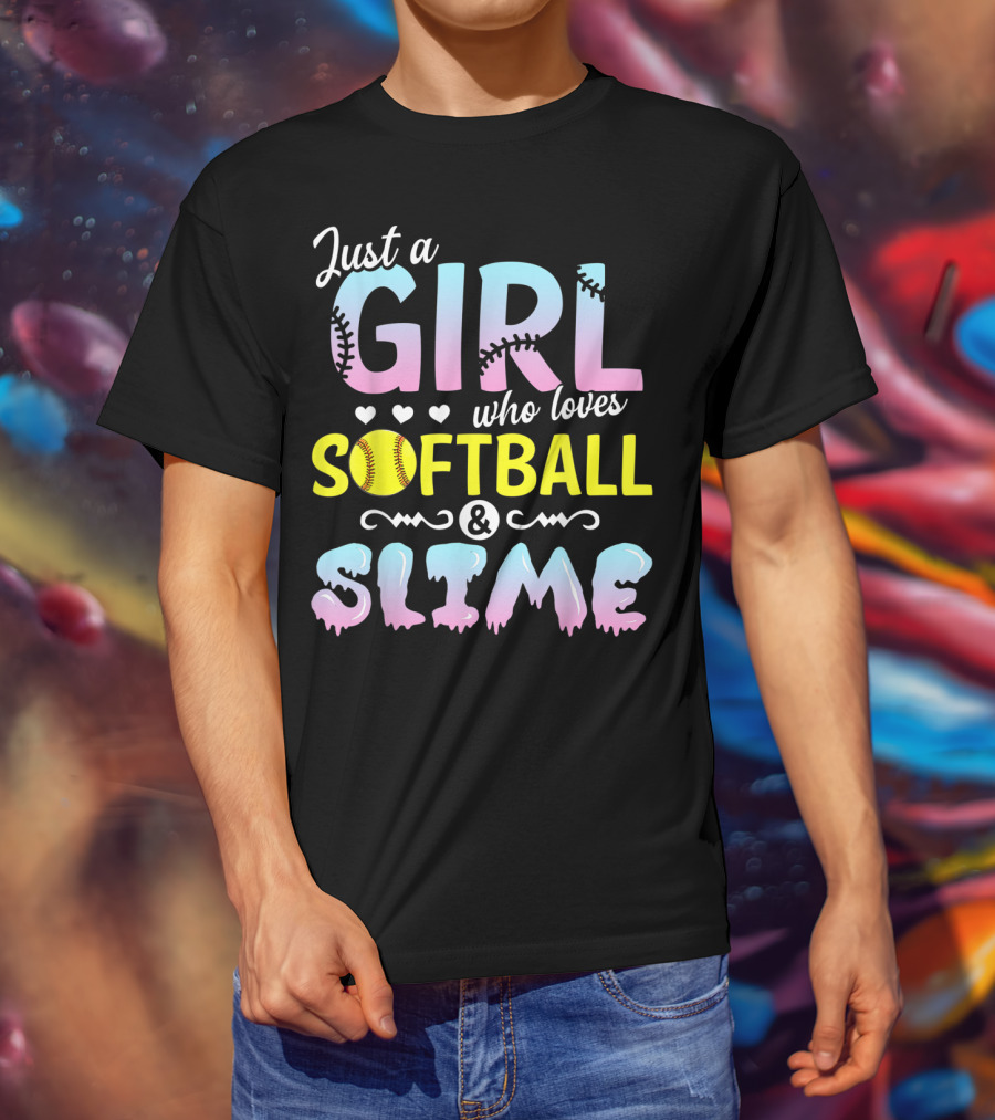 Just A Girl Who Loves Softball And Slime With Pastel Letters And Baseball Stitching T-Shirt