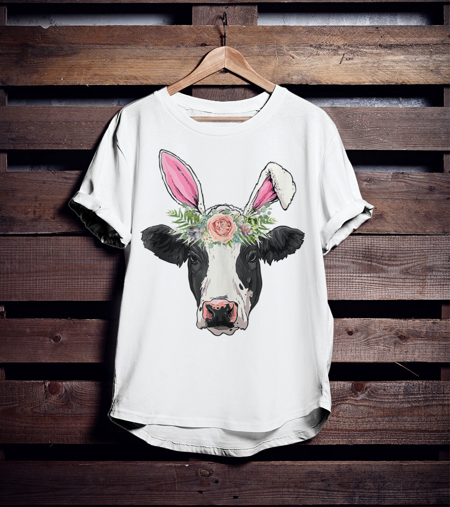 Funny Cow Easter Bunny Flower Crown T-Shirt