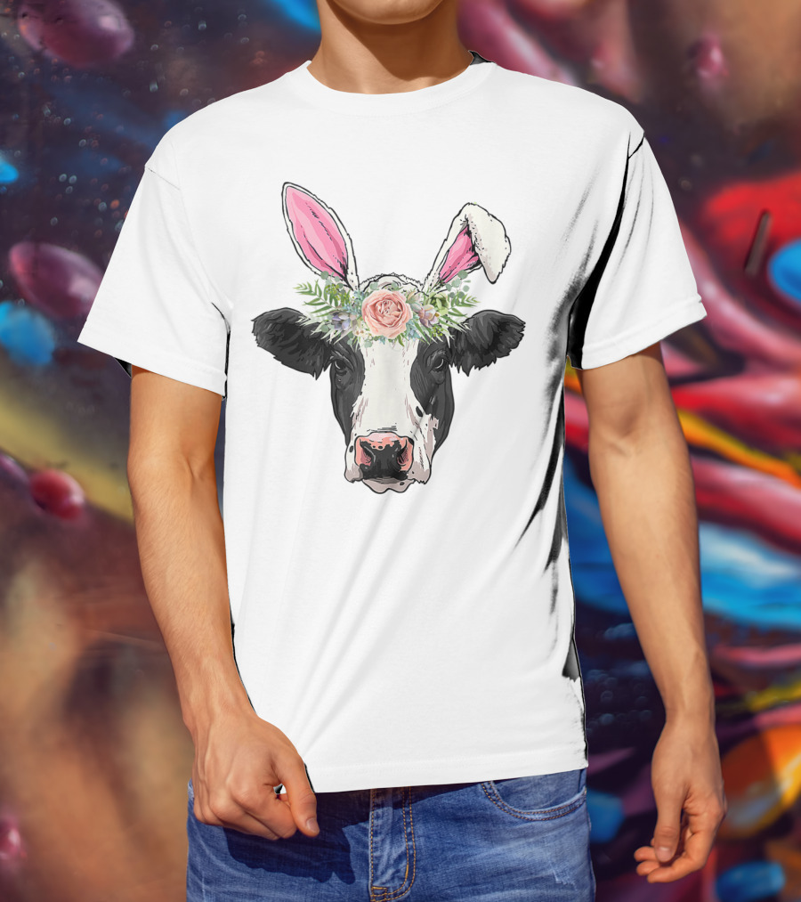Funny Cow Easter Bunny Flower Crown T-Shirt