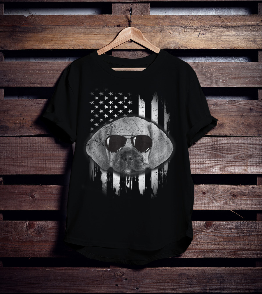 Proud American Puggle With Sunglasses And American Flag Background T-Shirt