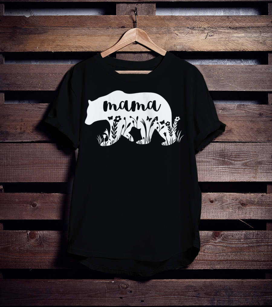 Mama Bear Floral With Flowers And Butterflies Motif T-Shirt