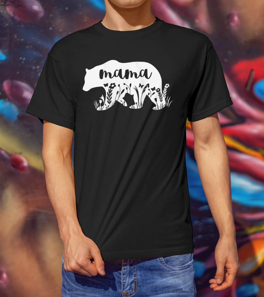 Mama Bear Floral With Flowers And Butterflies Motif T-Shirt
