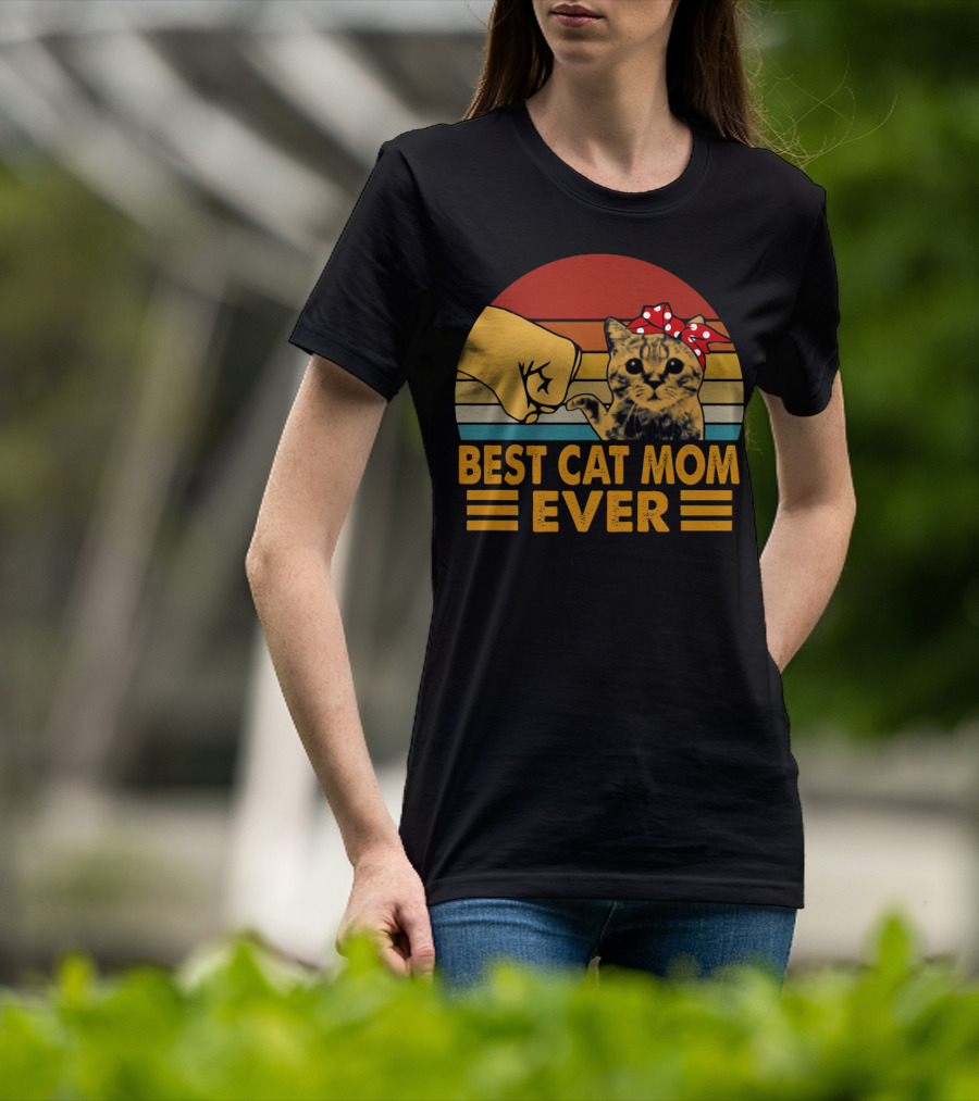 Best Cat Mom Ever Vintage Fist Bump With Cat Bow Stripes T-Shirt