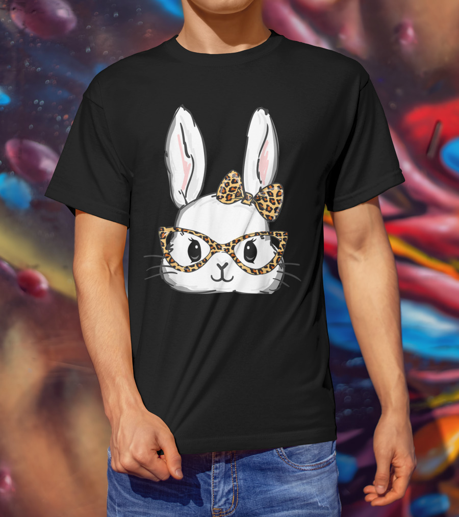 Bunny Rabbit Leopard Glasses Bow Easter T-Shirt