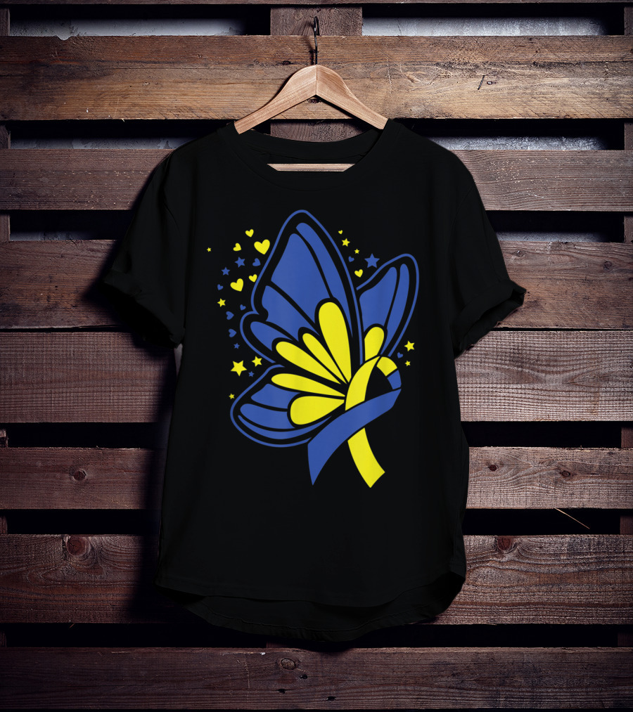 Butterfly T21 World Down Syndrome Awareness Day Ribbon Hearts And Stars T-Shirt
