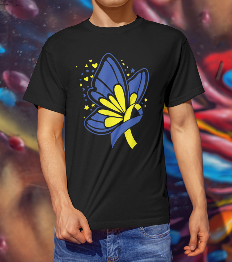 Butterfly T21 World Down Syndrome Awareness Day Ribbon Hearts And Stars T-Shirt