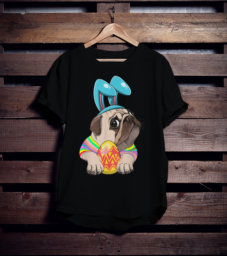 Cute Easter Pug With Bunny Ears Hugging Egg T-Shirt