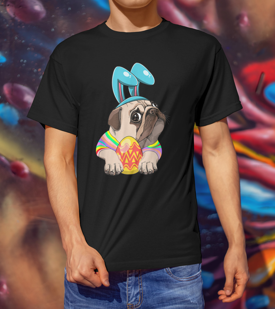 Cute Easter Pug With Bunny Ears Hugging Egg T-Shirt