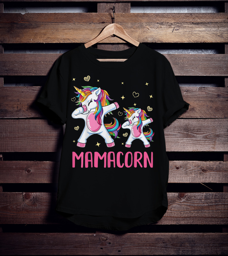 Colorful Dabbing Unicorns Mamacorn With Rainbow Hair And Hearts T-Shirt