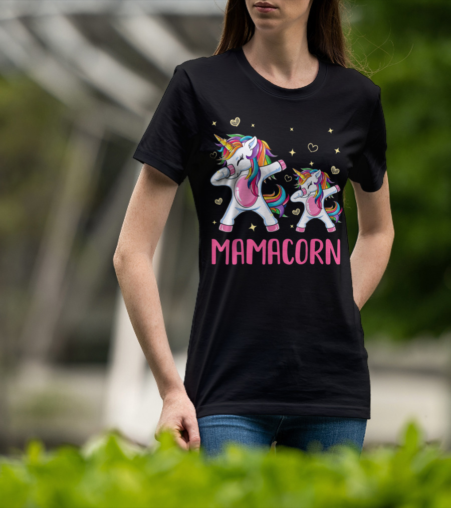 Colorful Dabbing Unicorns Mamacorn With Rainbow Hair And Hearts T-Shirt