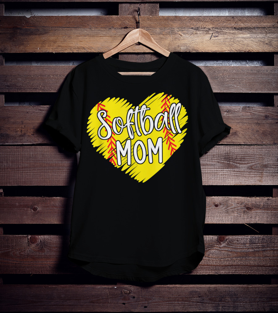 Softball Mom Heart Yellow Red Stitching Baller Mama T-Shirt
