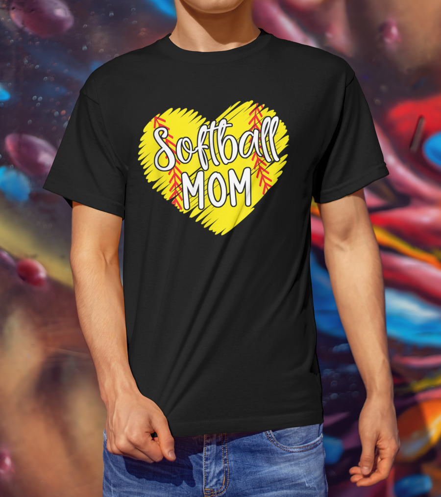 Softball Mom Heart Yellow Red Stitching Baller Mama T-Shirt
