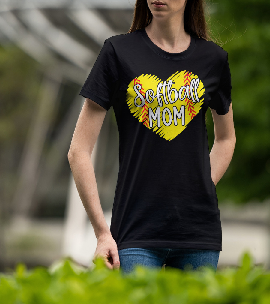 Softball Mom Heart Yellow Red Stitching Baller Mama T-Shirt