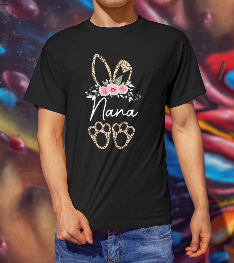 Nana Easter Leopard Print Bunny Ears And Floral T-Shirt