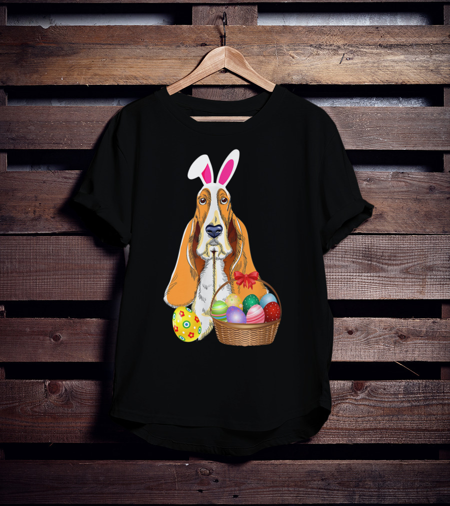 Basset Hound Bunny Rabbit Hat With Easter Eggs Basket T-Shirt