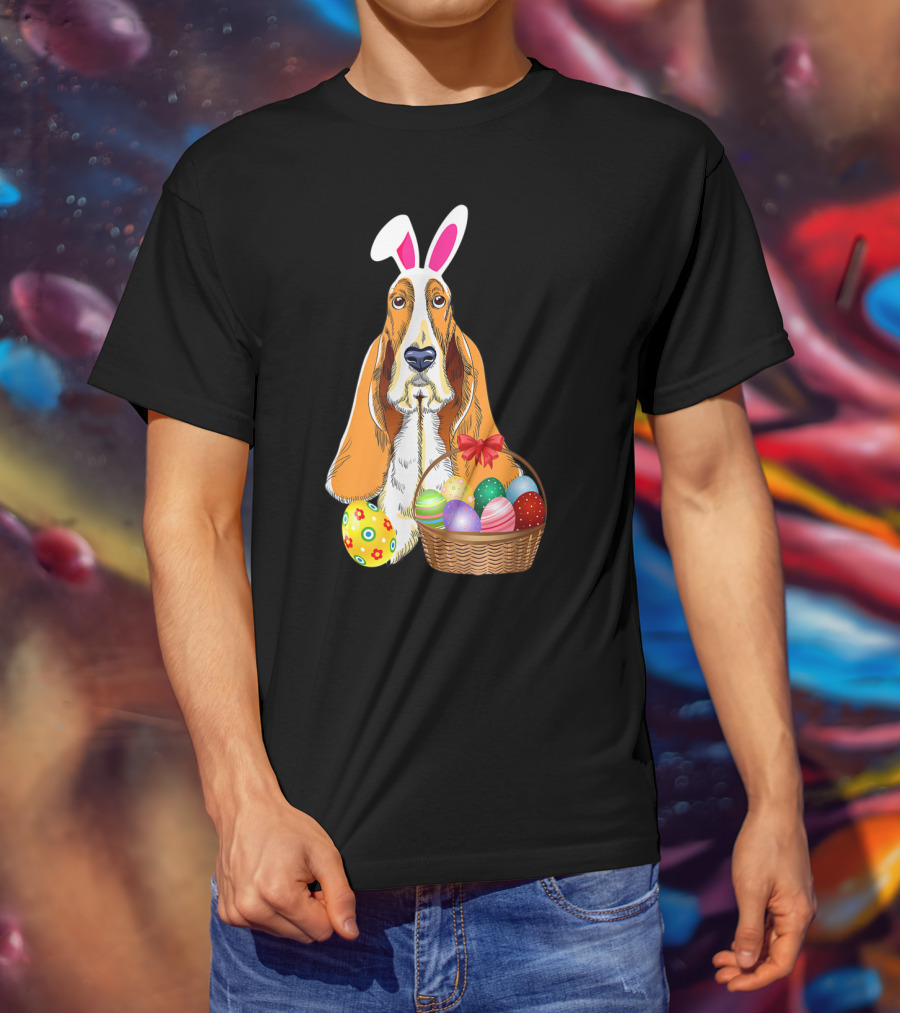 Basset Hound Bunny Rabbit Hat With Easter Eggs Basket T-Shirt
