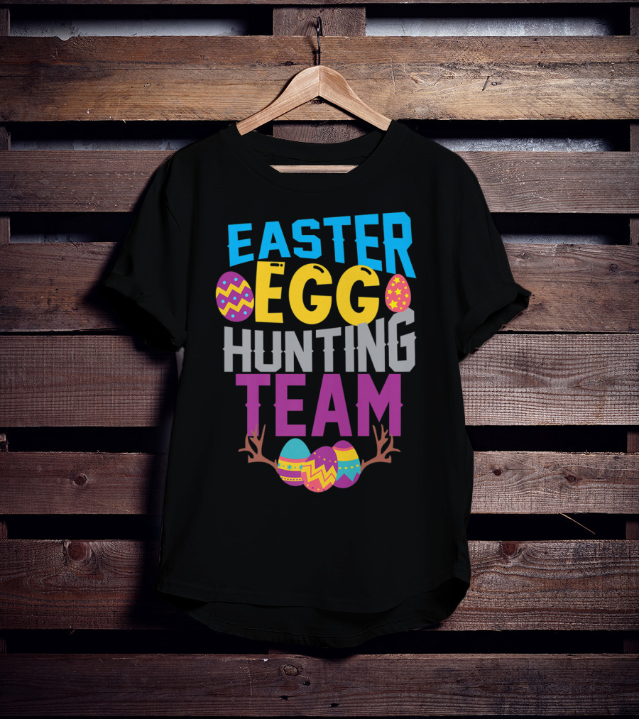 Easter Egg Hunting Team With Colorful Eggs And Antlers T-Shirt