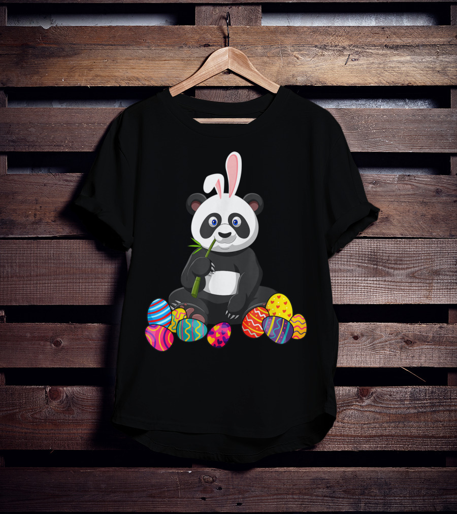 Panda Bunny Ear Eating Bamboo With Colorful Easter Eggs T-Shirt