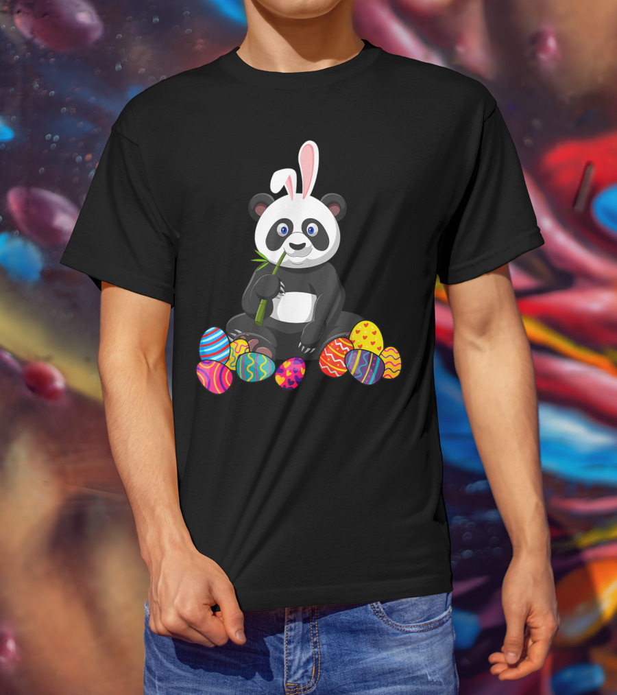 Panda Bunny Ear Eating Bamboo With Colorful Easter Eggs T-Shirt
